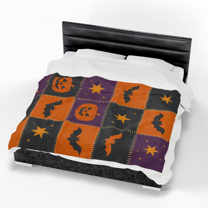Printify All Over Prints Halloween Patchwork Velveteen Plush Blanket – Cozy Spooky Nights