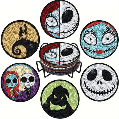 5DDpaints.com arts and crafts kit 6-pcs-jack / 10x10cm Halloween Skull Jack 6 Pieces DIY Crystal Glitter Diamond Painted Wooden Art Coaster with Stand