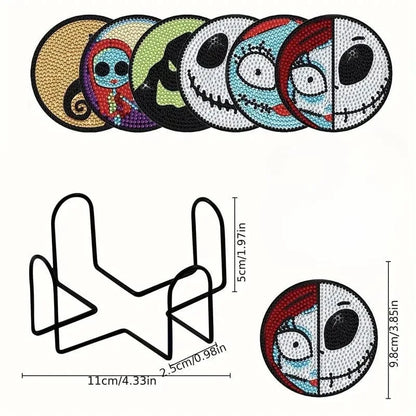 5DDpaints.com arts and crafts kit 6-pcs-jack / 10x10cm Halloween Skull Jack 6 Pieces DIY Crystal Glitter Diamond Painted Wooden Art Coaster with Stand