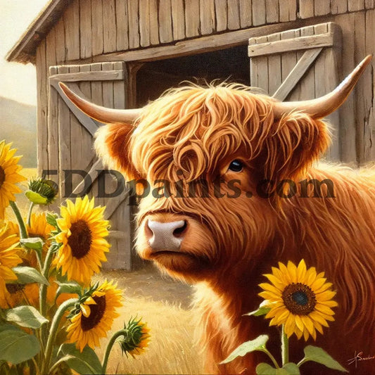 5DDPaints.com arts and crafts kit Highland Cow with Sunflowers Diamond Painting Kit