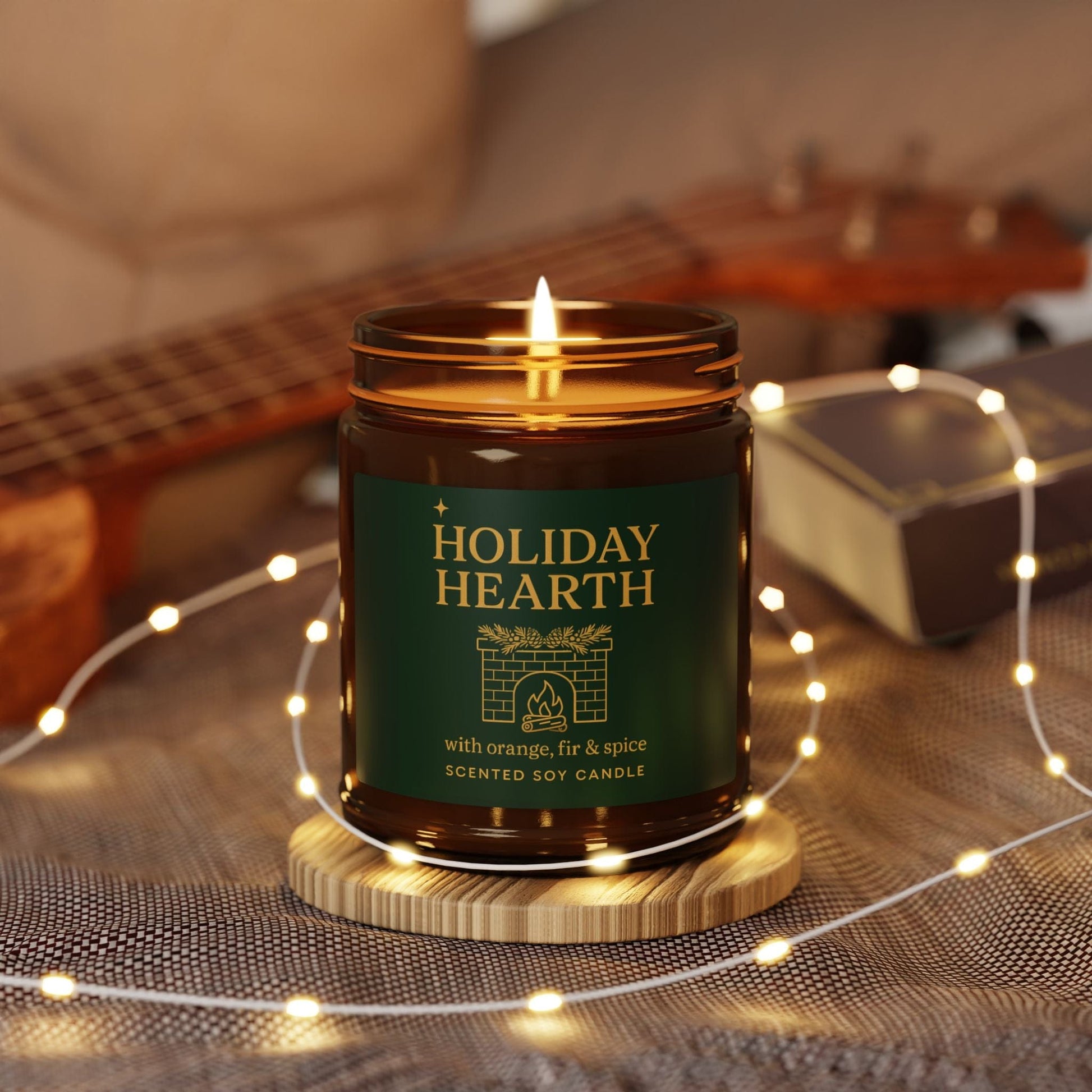 Printify Home Decor Holiday Hearth Scented Soy Candle - Cozy Aromatherapy in Amber Jar