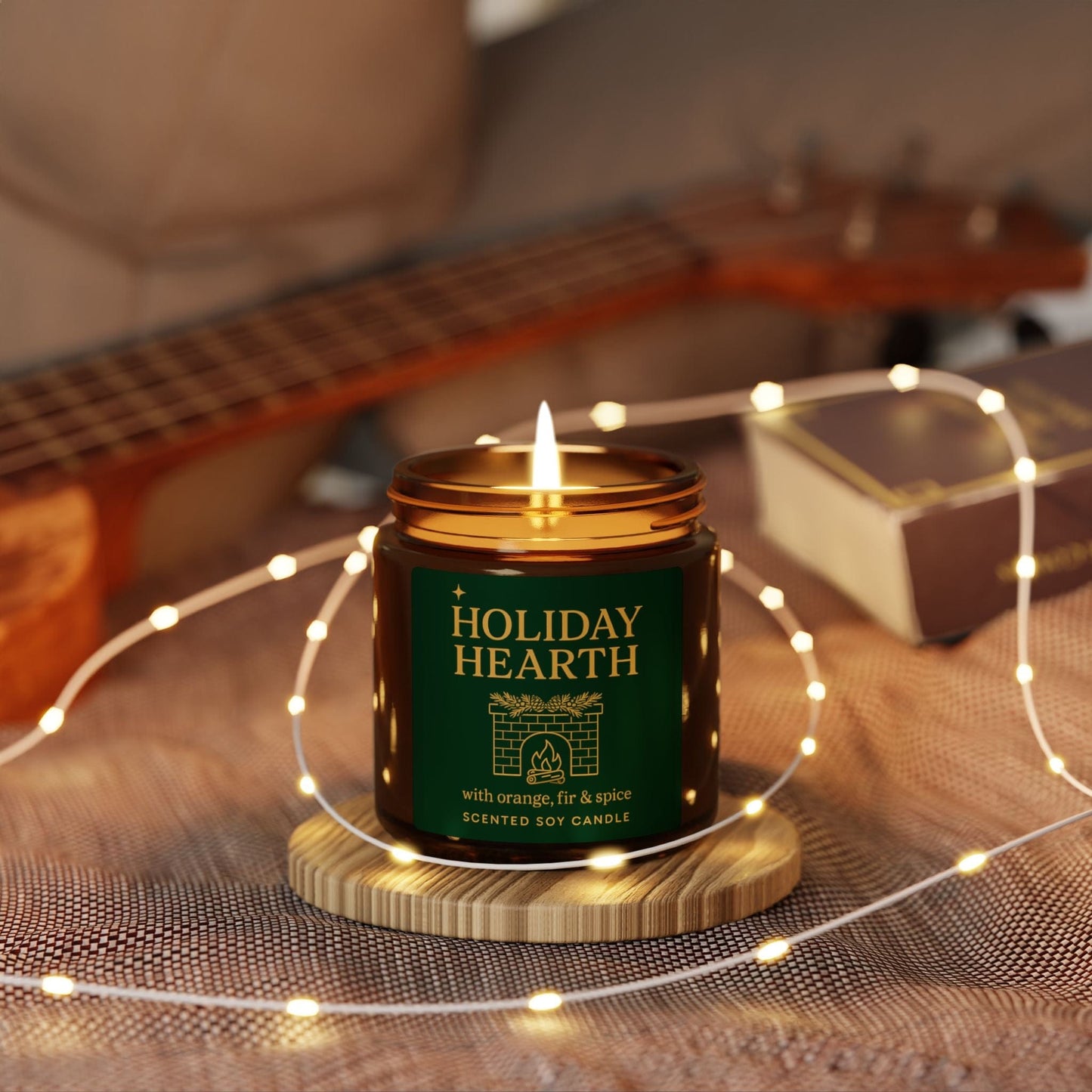 Printify Home Decor Holiday Hearth Scented Soy Candle - Cozy Aromatherapy in Amber Jar