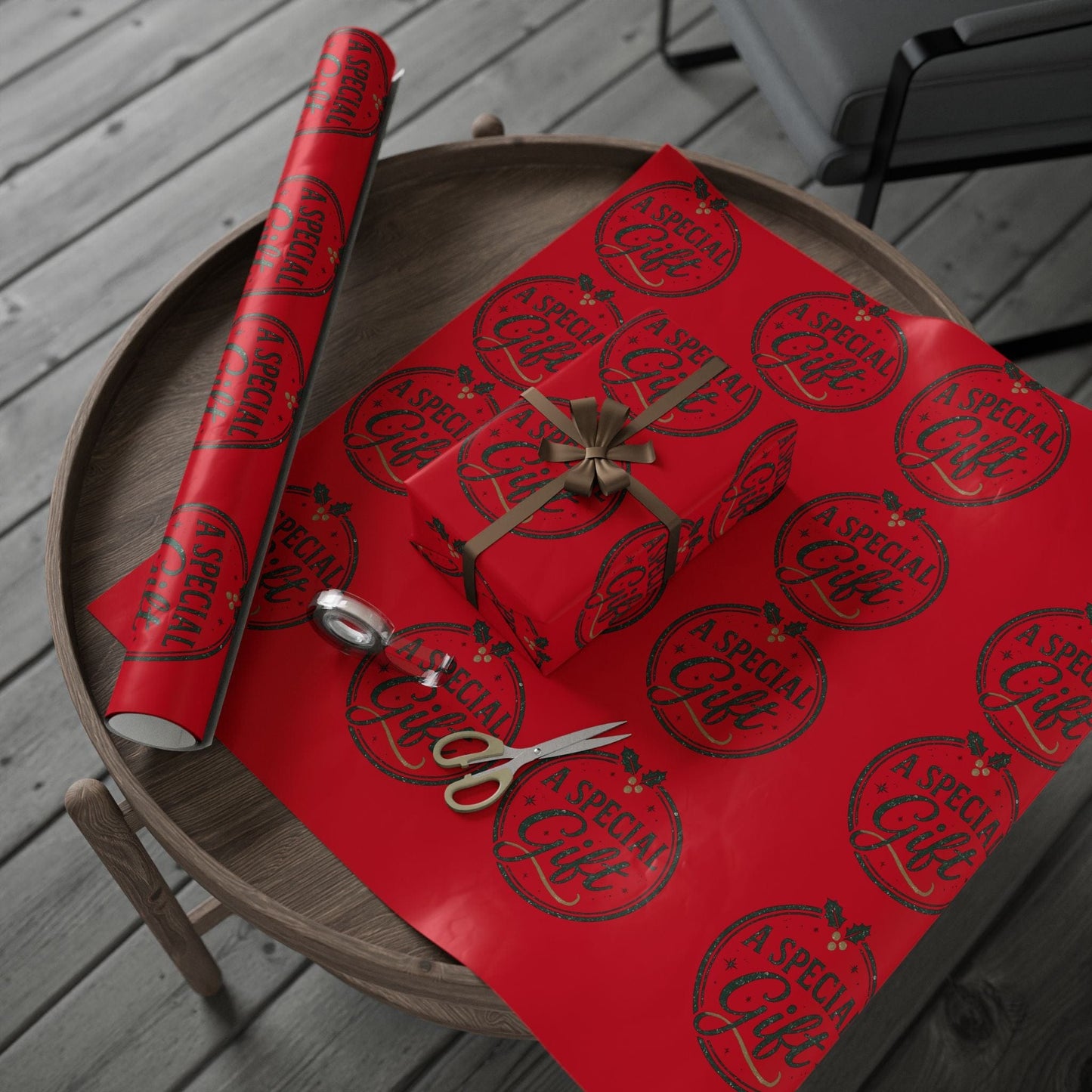 Printify Home Decor Holiday Wrapping Paper - “A Special Gift” Candy Cane Red Gift Wrap