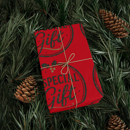 Printify Home Decor Holiday Wrapping Paper - “A Special Gift” Candy Cane Red Gift Wrap