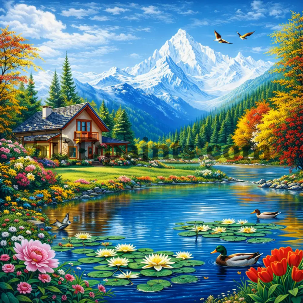 5DDPaints.com arts and crafts kit Lakeside Chalet Serenity – Diamond Painting Kit