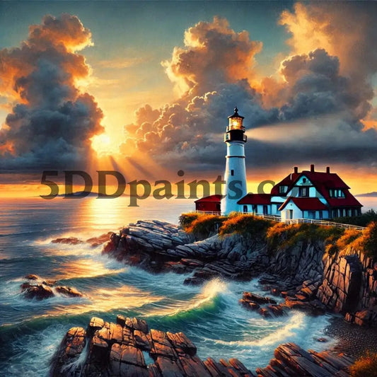 5DDPaints.com arts and crafts kit Liberty Lighthouse at Sunrise Diamond Painting Kit