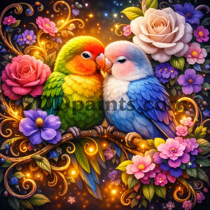 5DDPaints.com arts and crafts kit Lovebirds in Bloom – Enchanted Parrot Diamond Painting Kit