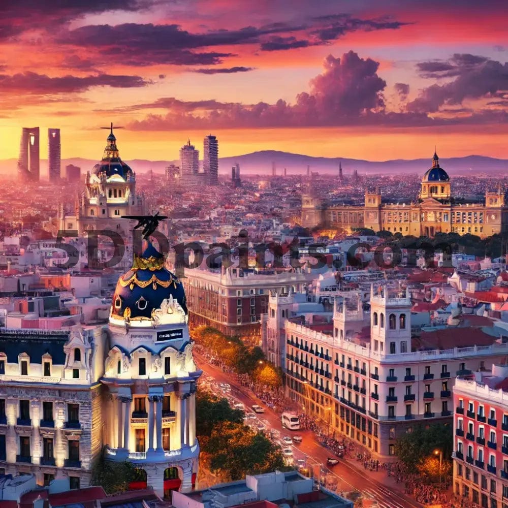 5DDPaints.com arts and crafts kit Madrid Sunset Cityscape – 5D Diamond Painting Kit