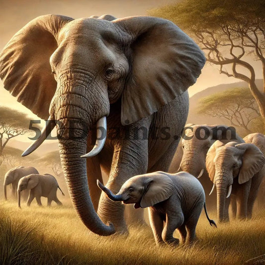 5DDPaints.com arts and crafts kit Majestic Matriarch: Elephant Herd in the Savannah