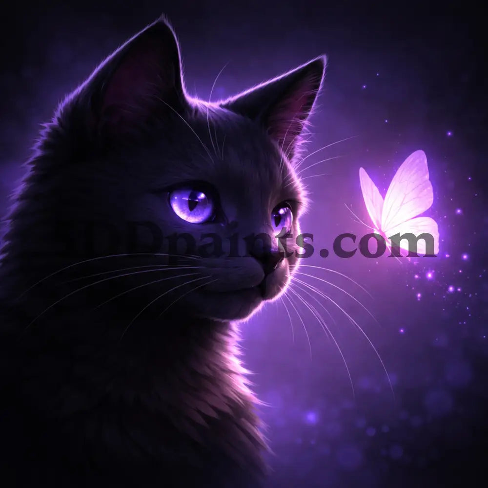5DDPaints.com arts and crafts kit Midnight Glow – Enchanted Cat & Butterfly Diamond Painting Kit