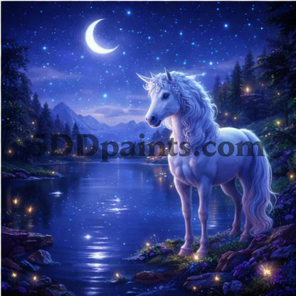 5DDPaints.com Art & Craft Kits Unicorn at a Starlit Lake / 20x20cm / Square Moonlit Legends – Enchanted Fantasy Creature Diamond Painting Collection