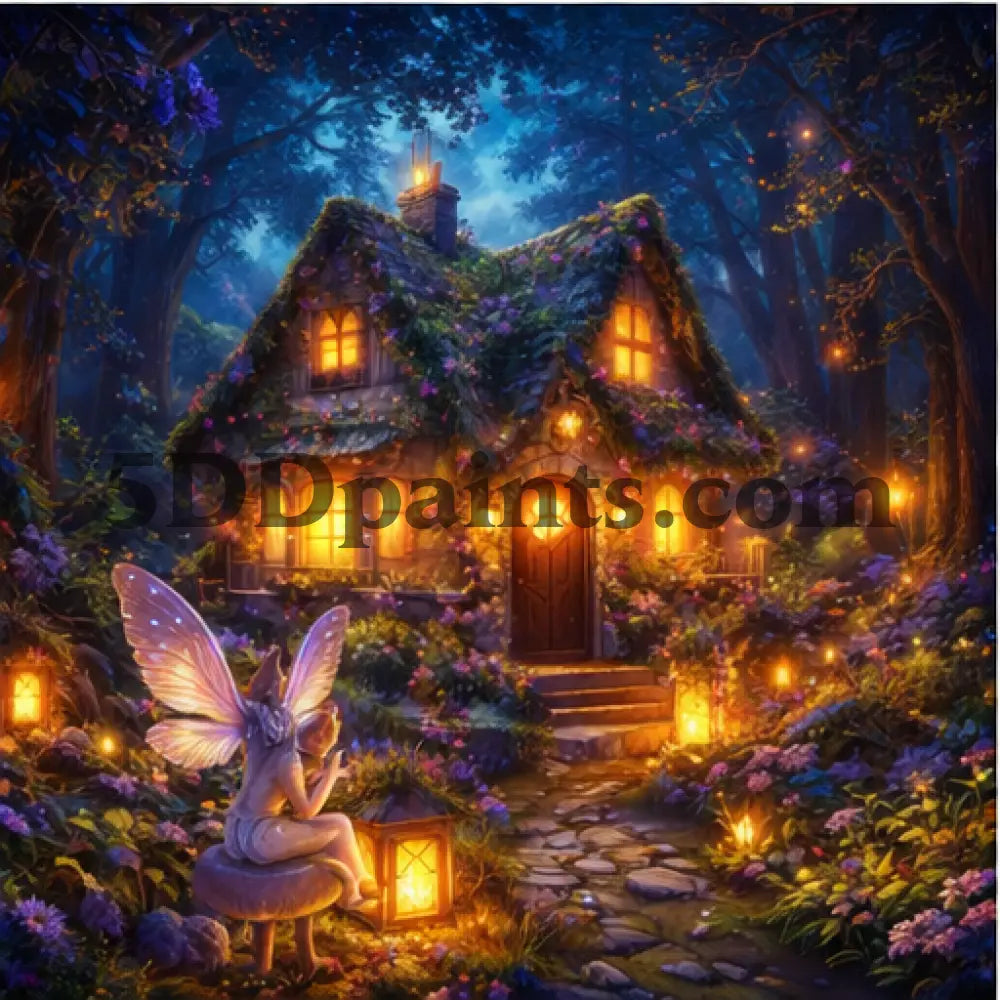 5DDPaints.com Art & Craft Kits Fairy Cottage in a Glowing Forest / 20x20cm / Square Moonlit Legends – Enchanted Fantasy Creature Diamond Painting Collection