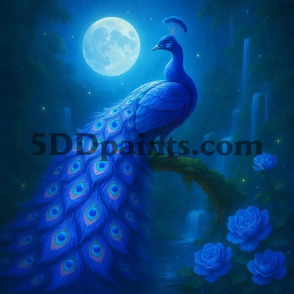 5DDPaints.com arts and crafts kit Moonlit Majesty – Peacock in a Midnight Garden Diamond Painting Kit