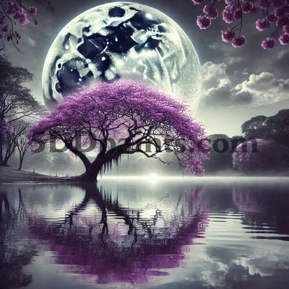 5DDPaints.com arts and crafts kit Moonlit Serenity: Reflection Under Purple Blossoms - diamond painting