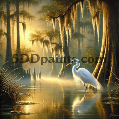 5DDPaints.com arts and crafts kit Mystical Bayou Egret Diamond Painting Kit