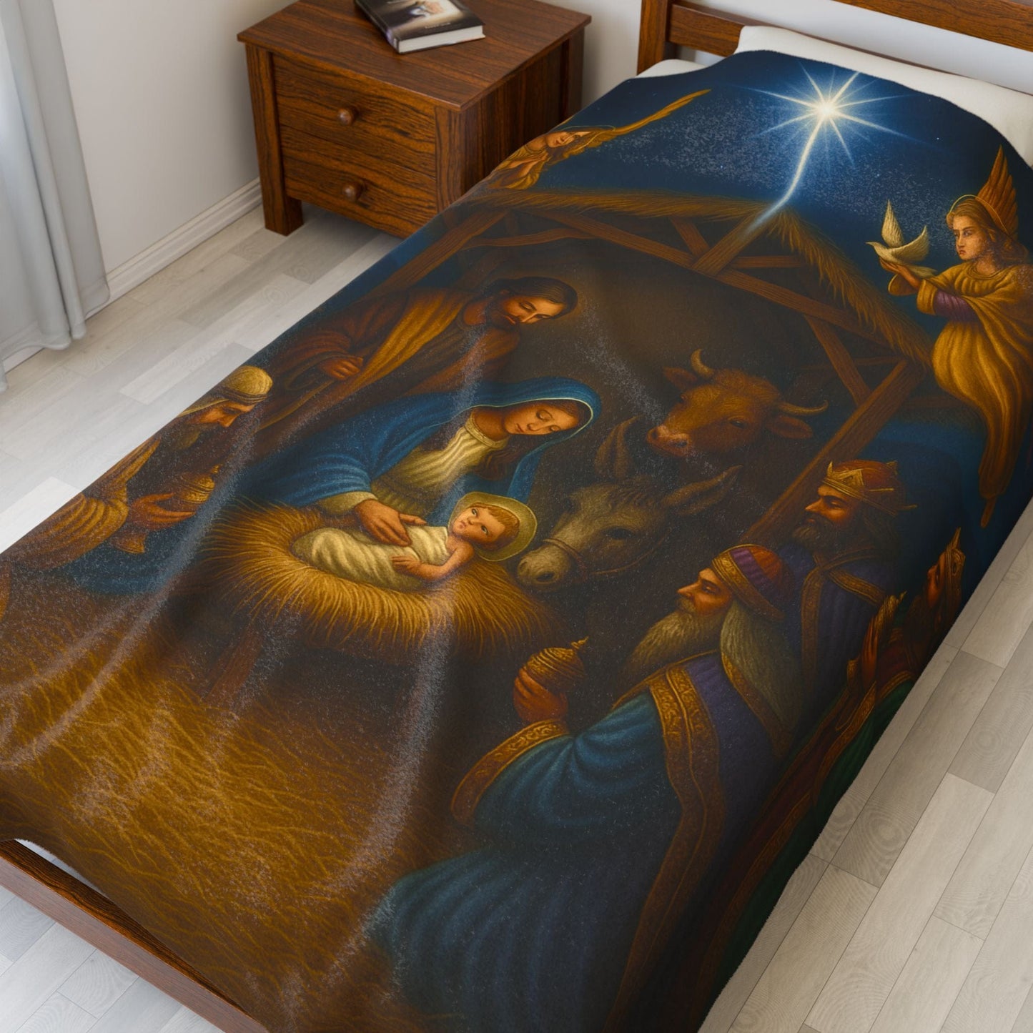 Printify All Over Prints Nativity Scene Velveteen Plush Blanket – Christmas Manger Baby Jesus Design