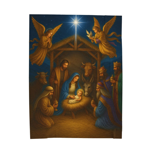 Printify All Over Prints 60" × 80" Nativity Scene Velveteen Plush Blanket – Christmas Manger Baby Jesus Design