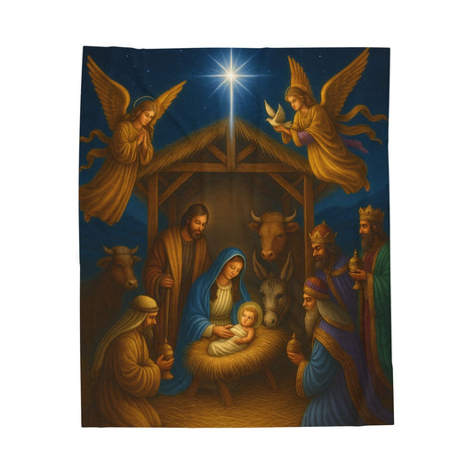 Printify All Over Prints 50" × 60" Nativity Scene Velveteen Plush Blanket – Christmas Manger Baby Jesus Design
