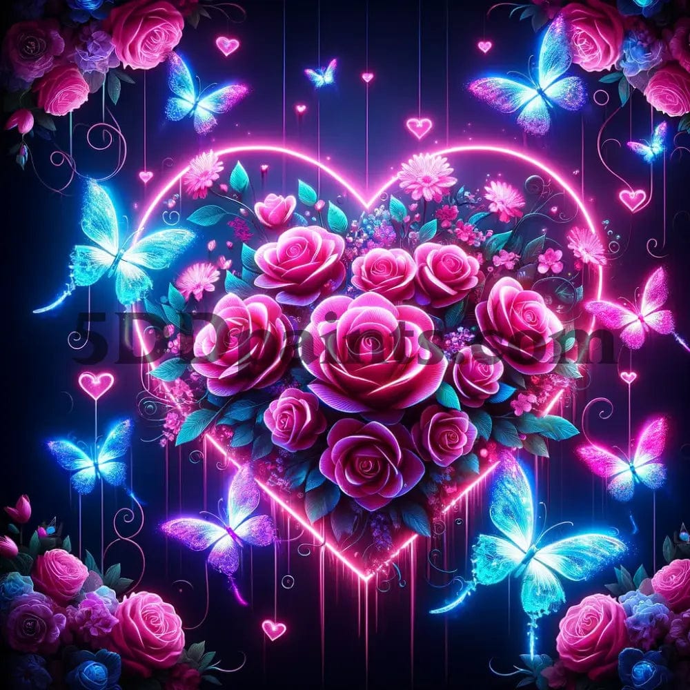 5DDPaints.com arts and crafts kit Neon Heart of Roses with Luminous Butterflies Diamond Painting Kit