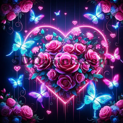 5DDPaints.com arts and crafts kit Neon Heart of Roses with Luminous Butterflies Diamond Painting Kit