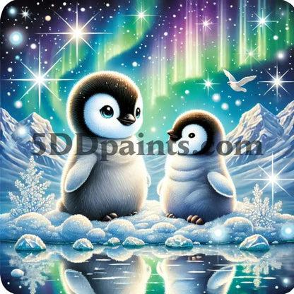 5DDPaints.com arts and crafts kit Northern Lights Cuddle – Baby Penguins Diamond Painting Kit