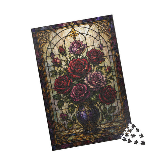 Printify Puzzle 1014 pcs (Vertical) Ornate Stained Glass Roses Jigsaw Puzzle - 1014 pcs