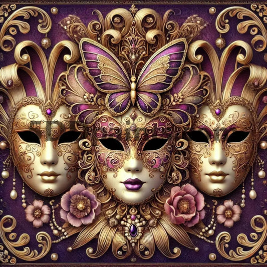 5DDPaints.com arts and crafts kit Ornate Venetian Mask Trio with Golden Detail Diamond Painting Kit