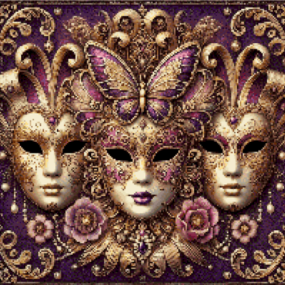 5DDPaints.com arts and crafts kit Ornate Venetian Mask Trio with Golden Detail Diamond Painting Kit