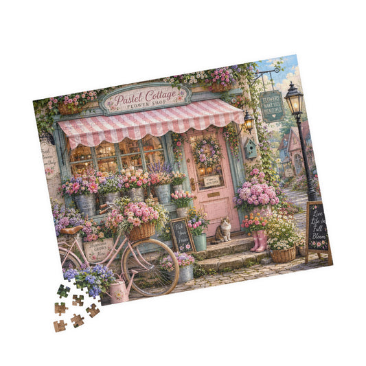 Printify Puzzle Pastel Cottage Flower Shop Jigsaw Puzzle | 520 or 1014 Pieces
