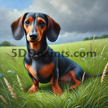 5DDPaints.com arts and crafts kit Playful Dachshund in Field Diamond Painting Kit
