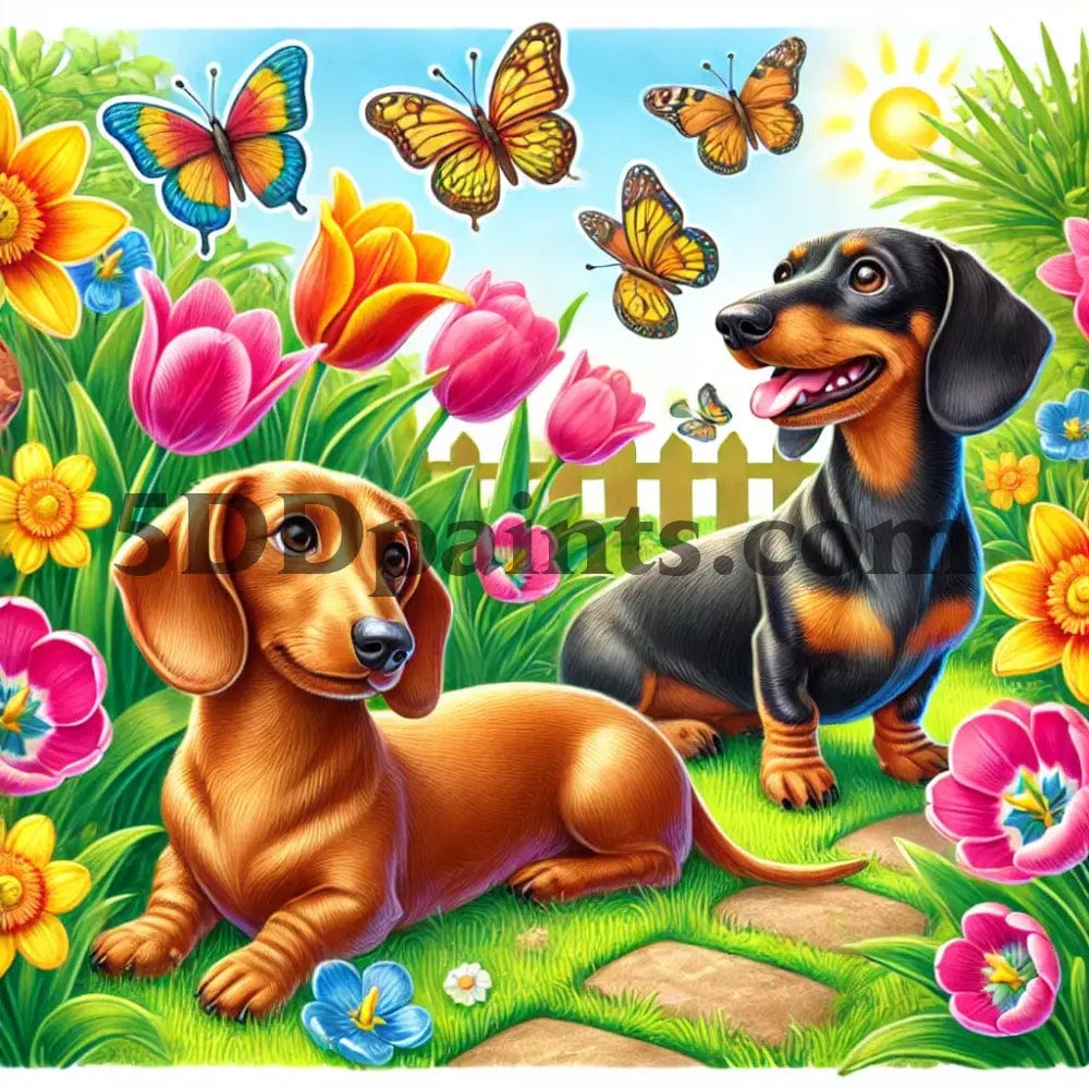 5DDPaints.com arts and crafts kit Playful Dachshunds Garden Diamond Painting Kit