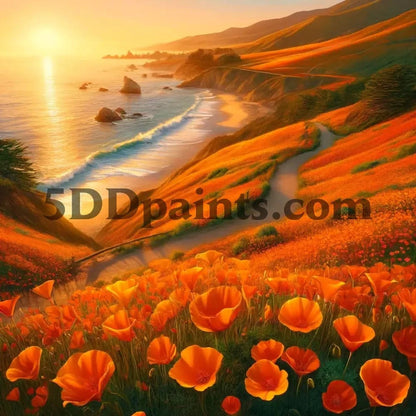 5DDPaints.com arts and crafts kit Poppy Coast – Sunset Bloom Along the Shore Diamond Painting Kit