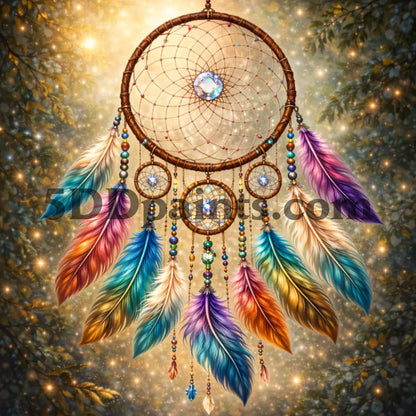 5DDPaints.com arts and crafts kit Radiant Dreamcatcher with Rainbow Feathers – Diamond Painting Kit