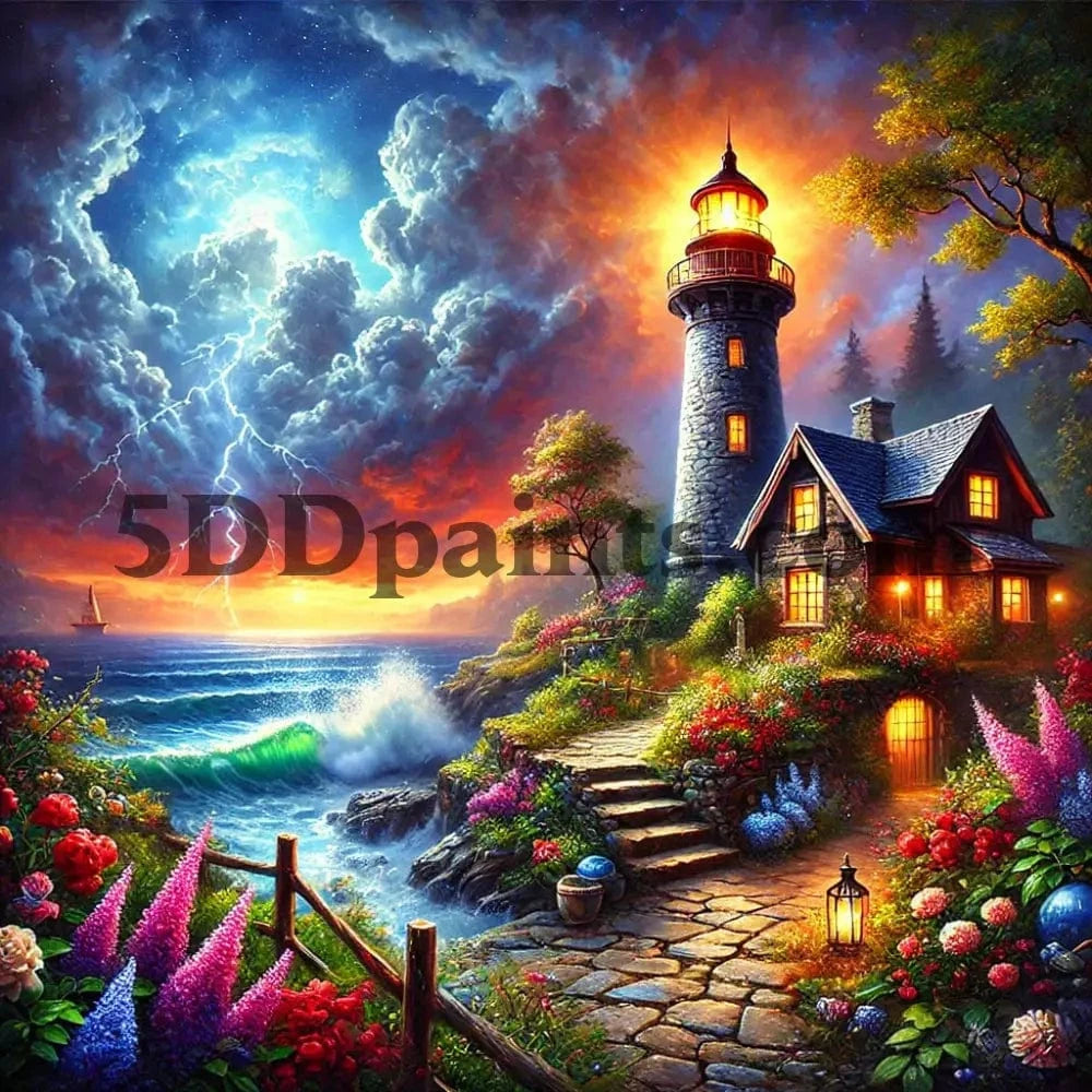 5DDPaints.com arts and crafts kit Radiant Lighthouse Haven Diamond Painting Kit