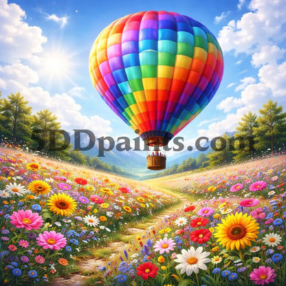 5DDPaints.com decoration Rainbow Hot Air Balloon Meadow Diamond Painting Kit – Bright Floral Adventure