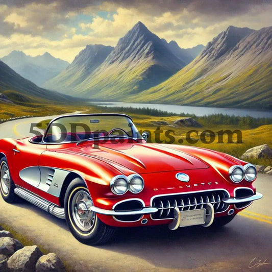 5DDPaints.com arts and crafts kit Red Corvette on a Scenic Highway Diamond Painting