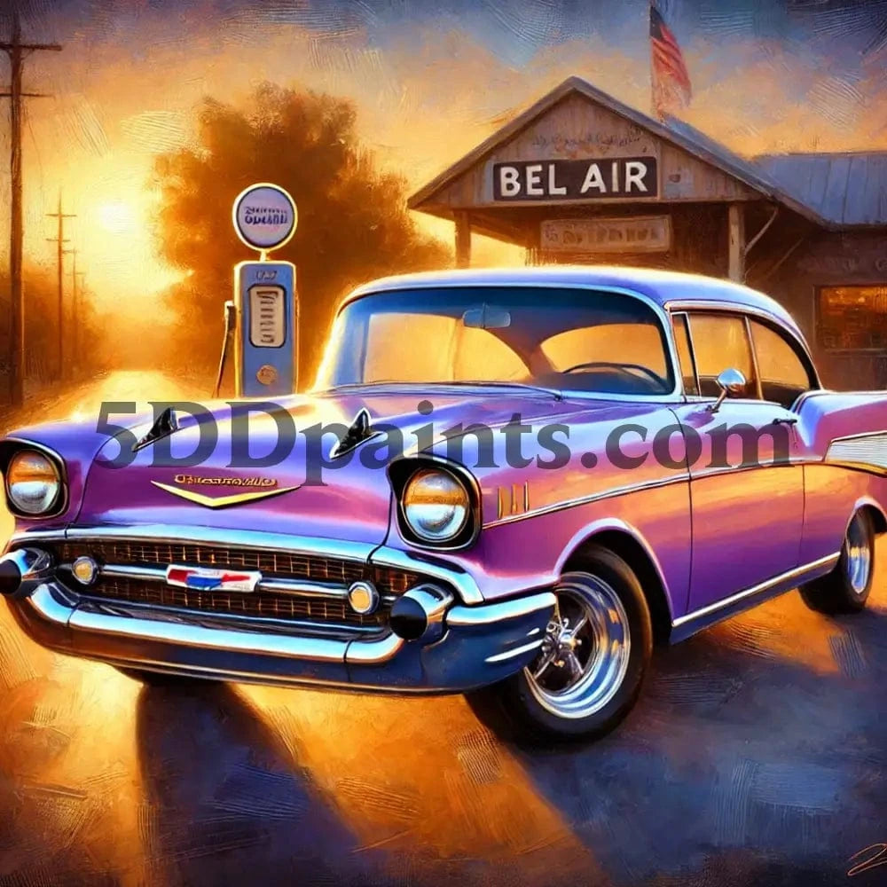 5DDPaints.com arts and crafts kit 20x20cm square / Two Retro Chevy Bel Air at Sunset – Diamond Painting Kit