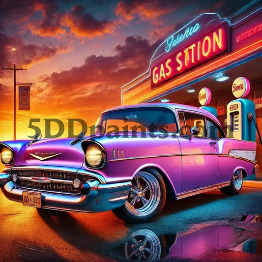 5DDPaints.com arts and crafts kit 20x20cm square / One Retro Chevy Bel Air at Sunset – Diamond Painting Kit