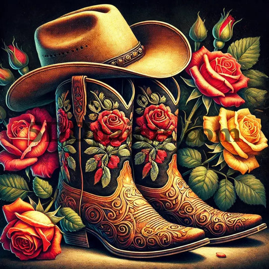 5DDPaints.com arts and crafts kit Rustic Cowboy Boots & Roses Diamond Painting Kit