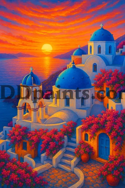 5DDPaints.com arts and crafts kit Santorini Sunset Bliss Diamond Painting Kit