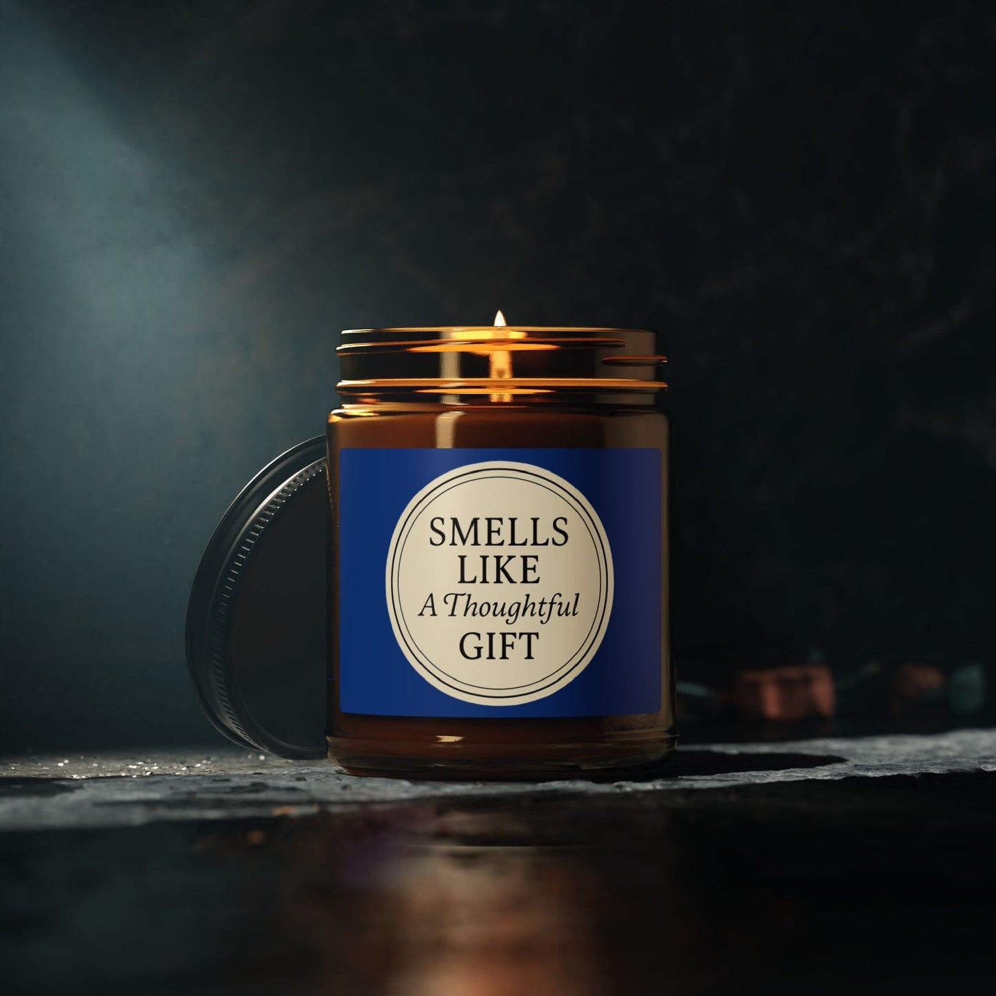 Printify Home Decor “Smells Like a Thoughtful Gift” 4oz Soy Candle – Amber Jar, Hand-Poured Elegance - Blue