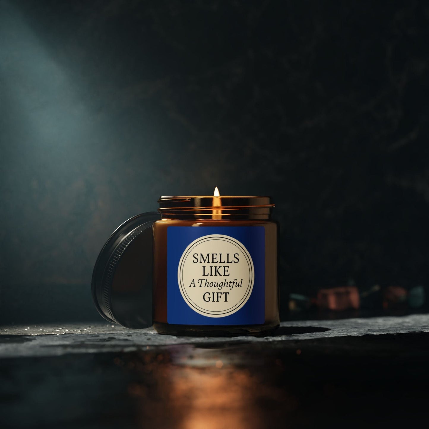 Printify Home Decor “Smells Like a Thoughtful Gift” 4oz Soy Candle – Amber Jar, Hand-Poured Elegance - Blue