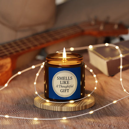 Printify Home Decor “Smells Like a Thoughtful Gift” 4oz Soy Candle – Amber Jar, Hand-Poured Elegance - Blue