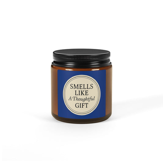 Printify Home Decor 4oz / Amber / Christmas Warmth “Smells Like a Thoughtful Gift” 4oz Soy Candle – Amber Jar, Hand-Poured Elegance - Blue
