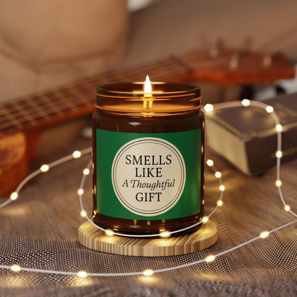 Printify Home Decor “Smells Like a Thoughtful Gift” 4oz Soy Candle – Amber Jar, Hand-Poured Elegance - Green