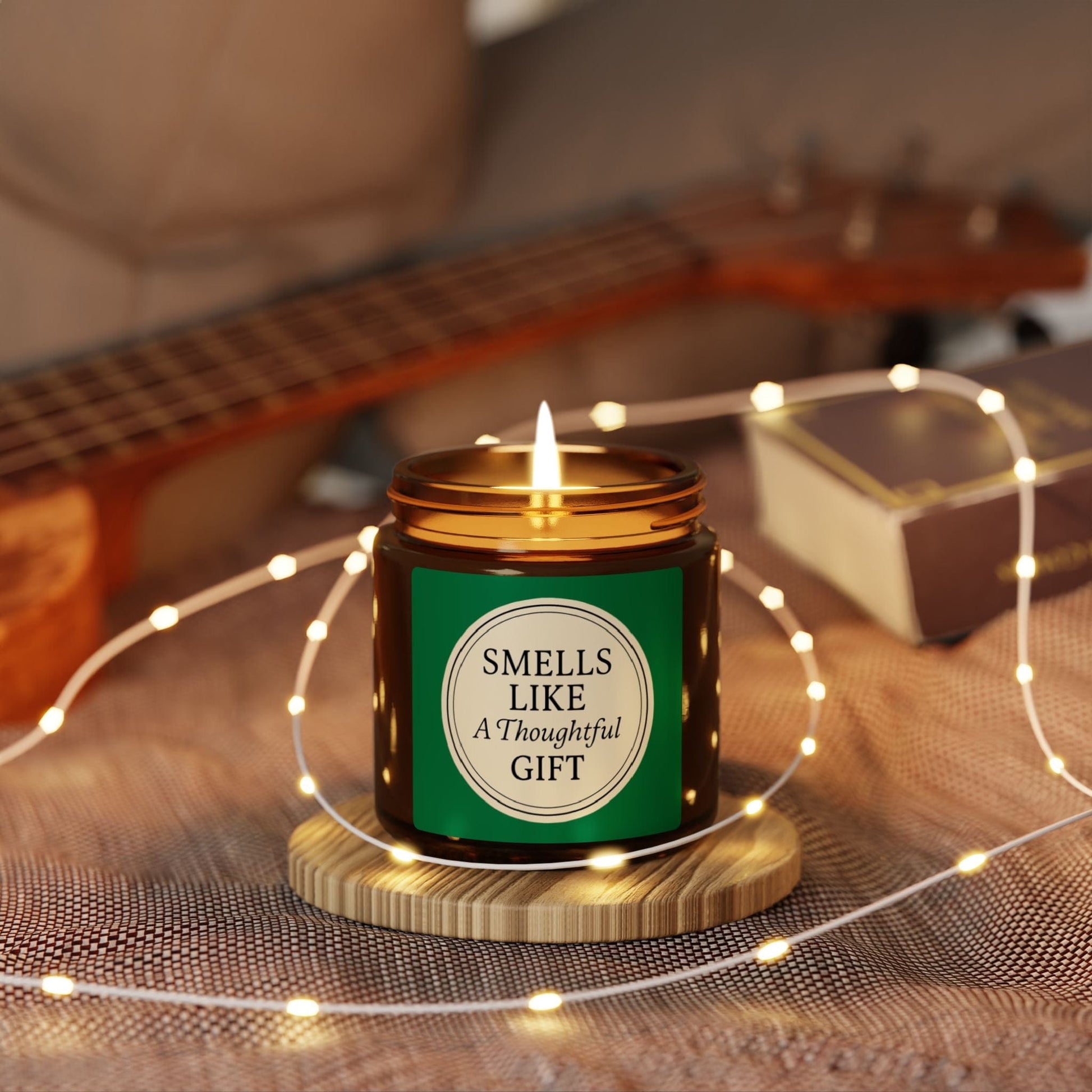 Printify Home Decor “Smells Like a Thoughtful Gift” 4oz Soy Candle – Amber Jar, Hand-Poured Elegance - Green