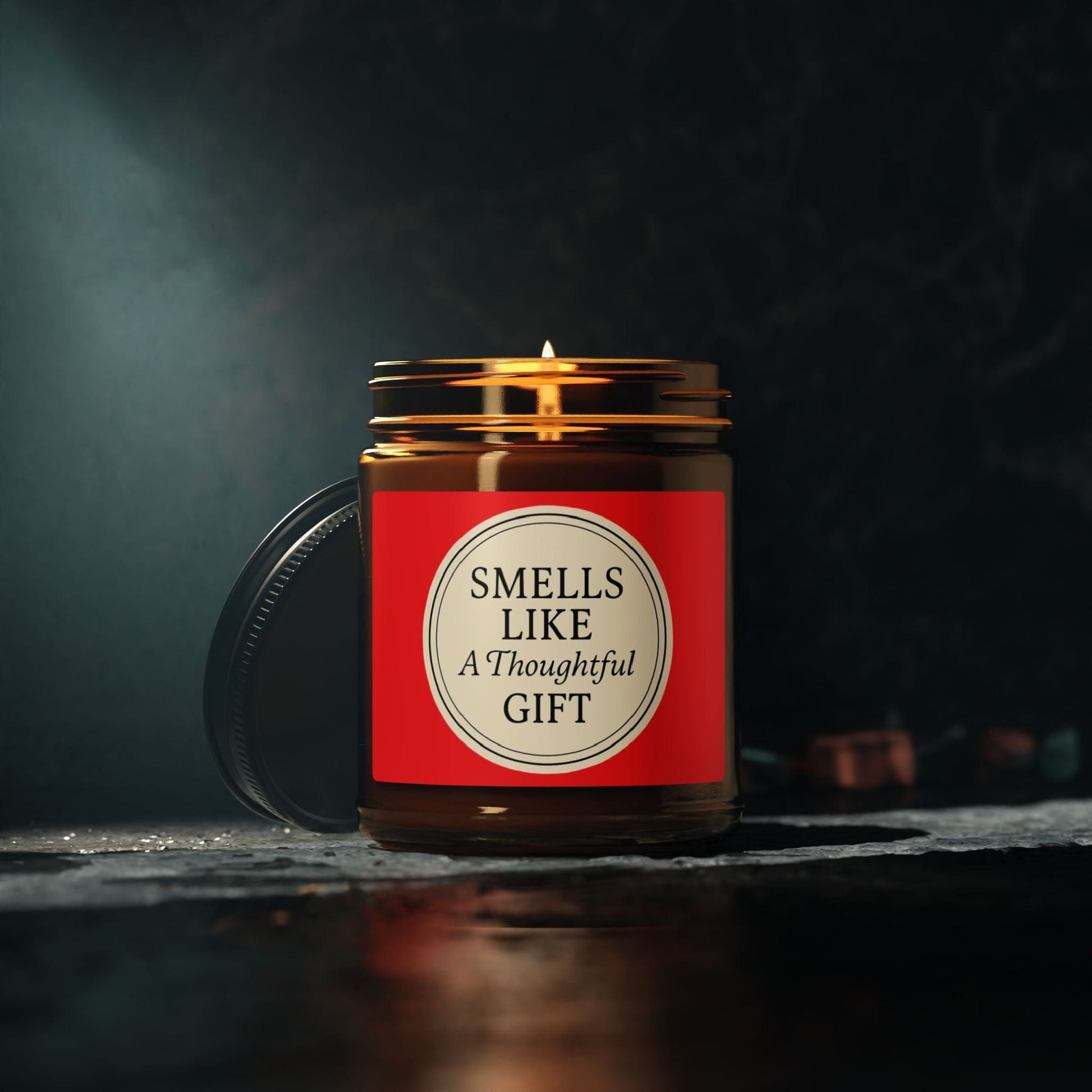 Printify Home Decor “Smells Like a Thoughtful Gift” 4oz Soy Candle – Amber Jar, Hand-Poured Elegance - Red