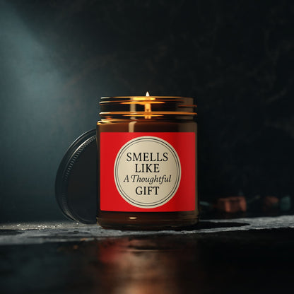 Printify Home Decor “Smells Like a Thoughtful Gift” 4oz Soy Candle – Amber Jar, Hand-Poured Elegance - Red