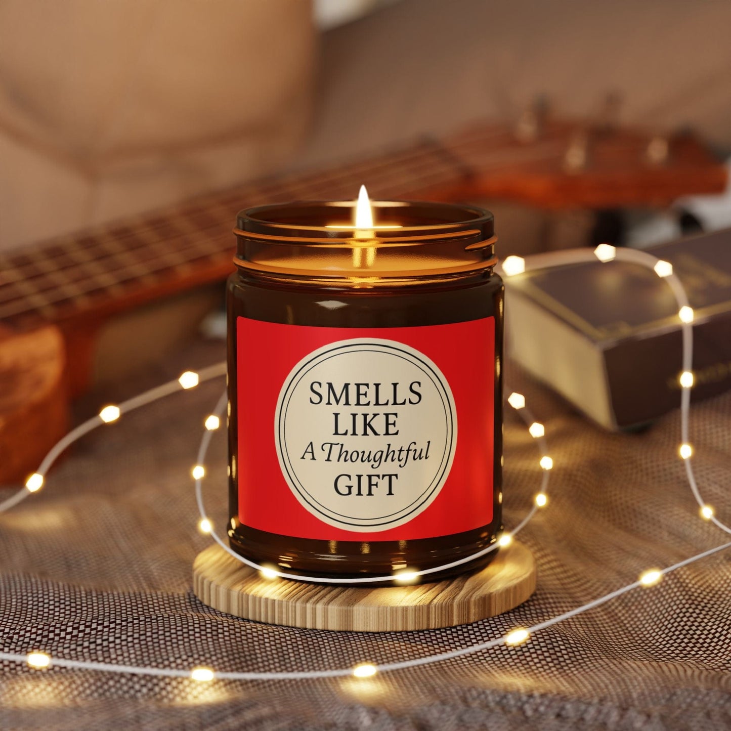 Printify Home Decor “Smells Like a Thoughtful Gift” 4oz Soy Candle – Amber Jar, Hand-Poured Elegance - Red