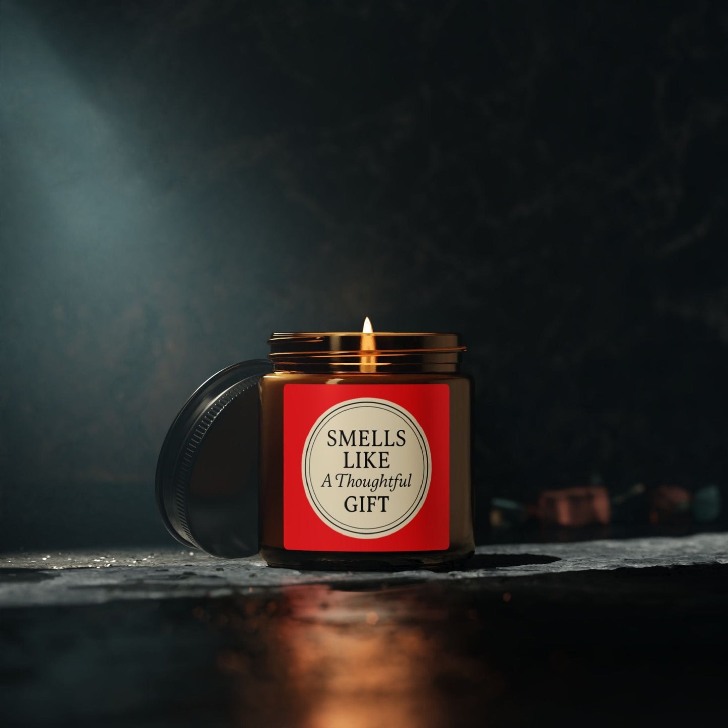 Printify Home Decor “Smells Like a Thoughtful Gift” 4oz Soy Candle – Amber Jar, Hand-Poured Elegance - Red